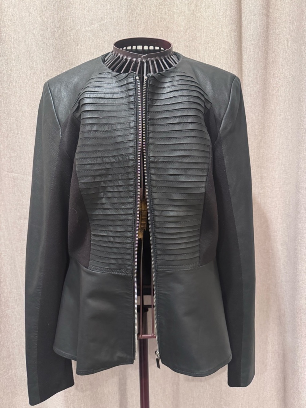 Bagatelle - Black Leather - Moto Jacket - Peplum - Zip - Mixed Media- M - Picture 10 of 16